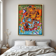 Luxury Radha Krishna Kerala mural artwork in golden floater frame with intricate traditional Indian design