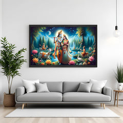 Radha Krishna canvas painting in black floater frame for bedroom with vastu energy, romantic symbolism, and soothing tones for deep emotional peace