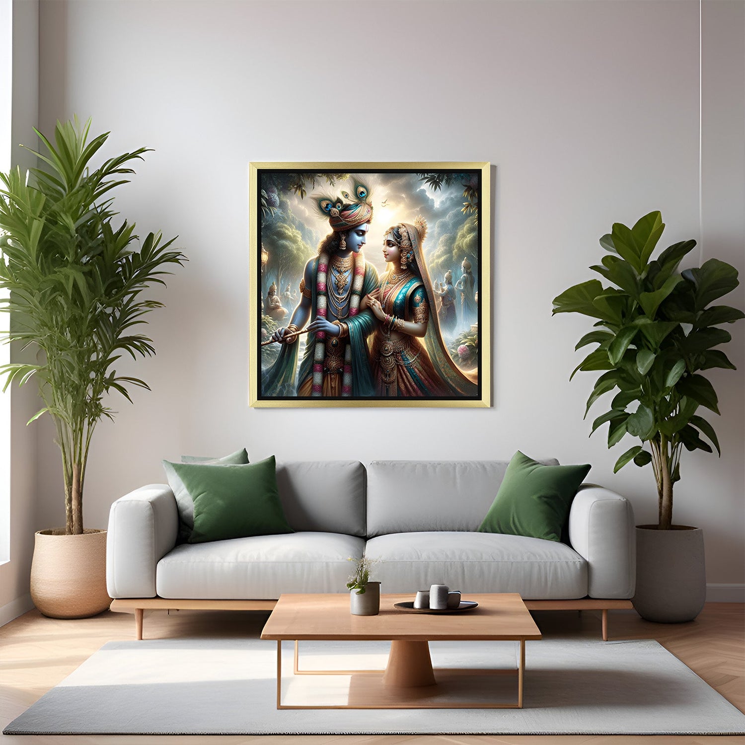 Radha Krishna vastu canvas in golden floater frame for pooja room and bedroom bringing elegance, love, and spiritual aura with vastu alignment