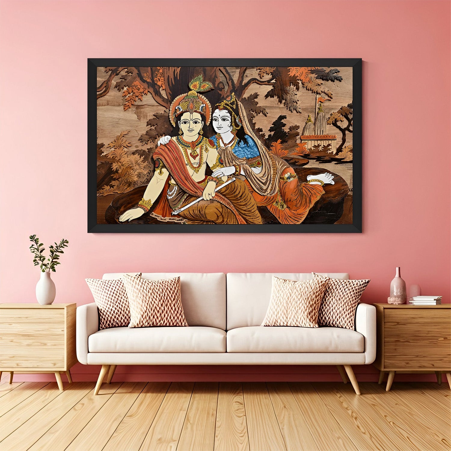 Radha Krishna painting in black frame – Vastu canvas wall art for spiritual home interiors