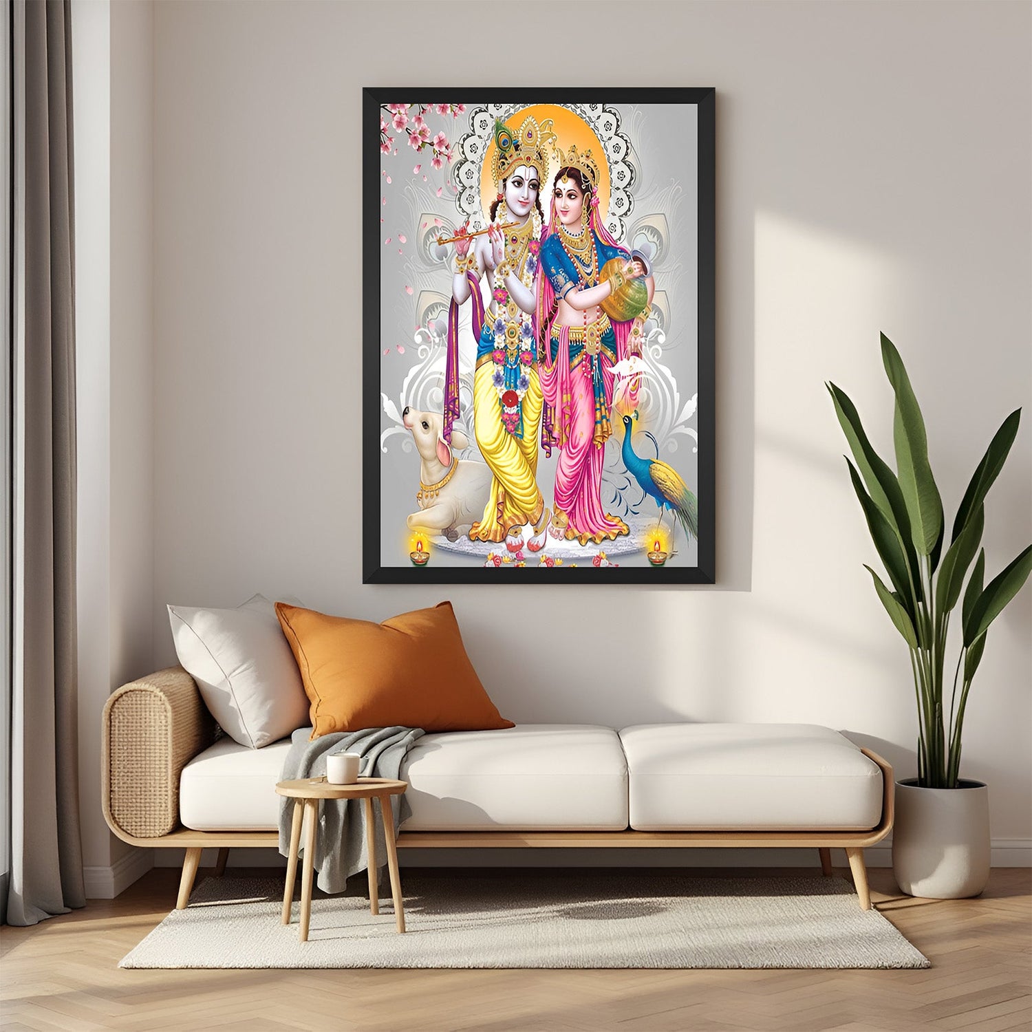 Radha Krishna canvas painting in black frame – Vastu wall art for prayer room or living space