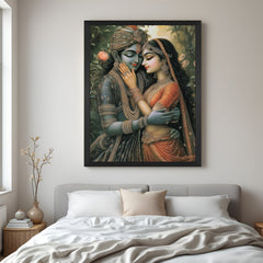 Radha Krishna canvas painting in black floater frame for peaceful and spiritual home interiors