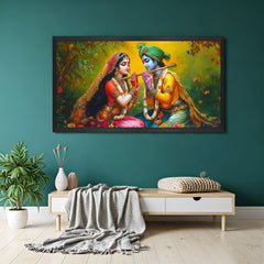 Black floater frame Radha Krishna wall painting for spiritual Vastu energy and divine decor in bedroom and meditation spaces