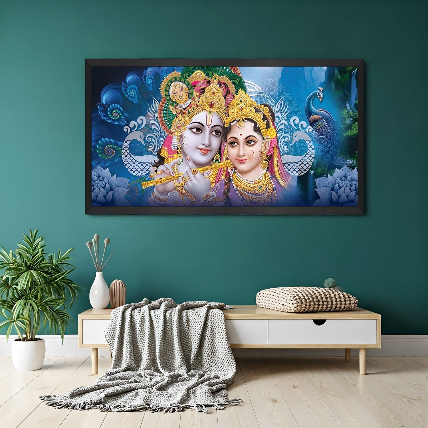 radha krishna canvas painting in black floater frame for home office wall decor to enhance love harmony and spiritual energy