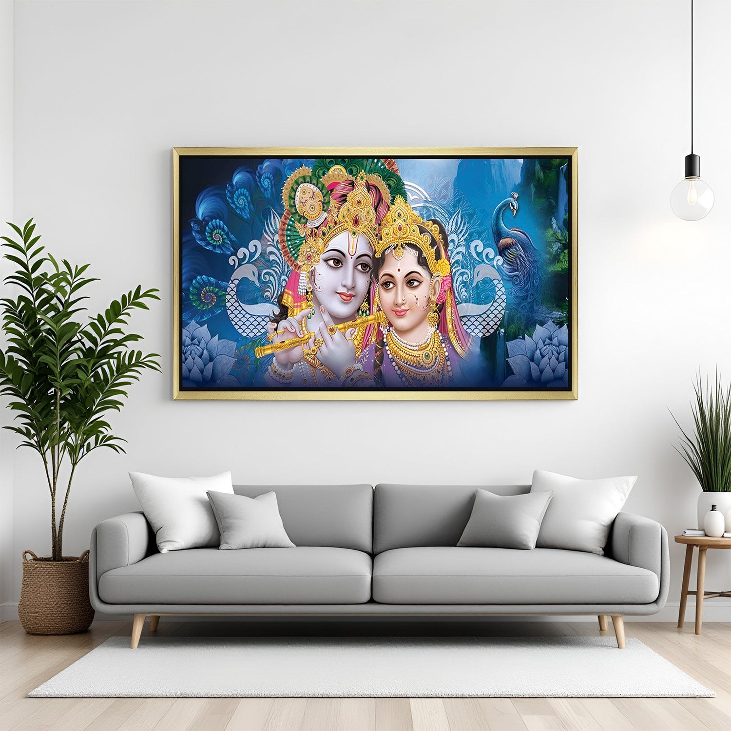 radha krishna canvas painting in golden floater frame for blissful home office decor to promote peace prosperity and vastu balance