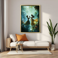 Golden frame Radha Krishna canvas wall painting bringing sacred energy, love, and positive vastu flow into living spaces