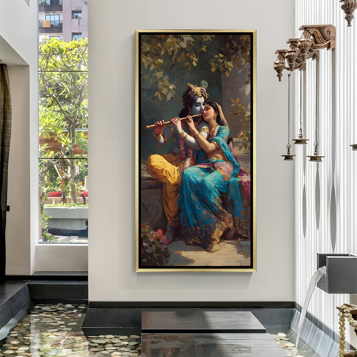 Elegant Radha Krishna vertical canvas in gold frame featuring traditional flute scene under tree.