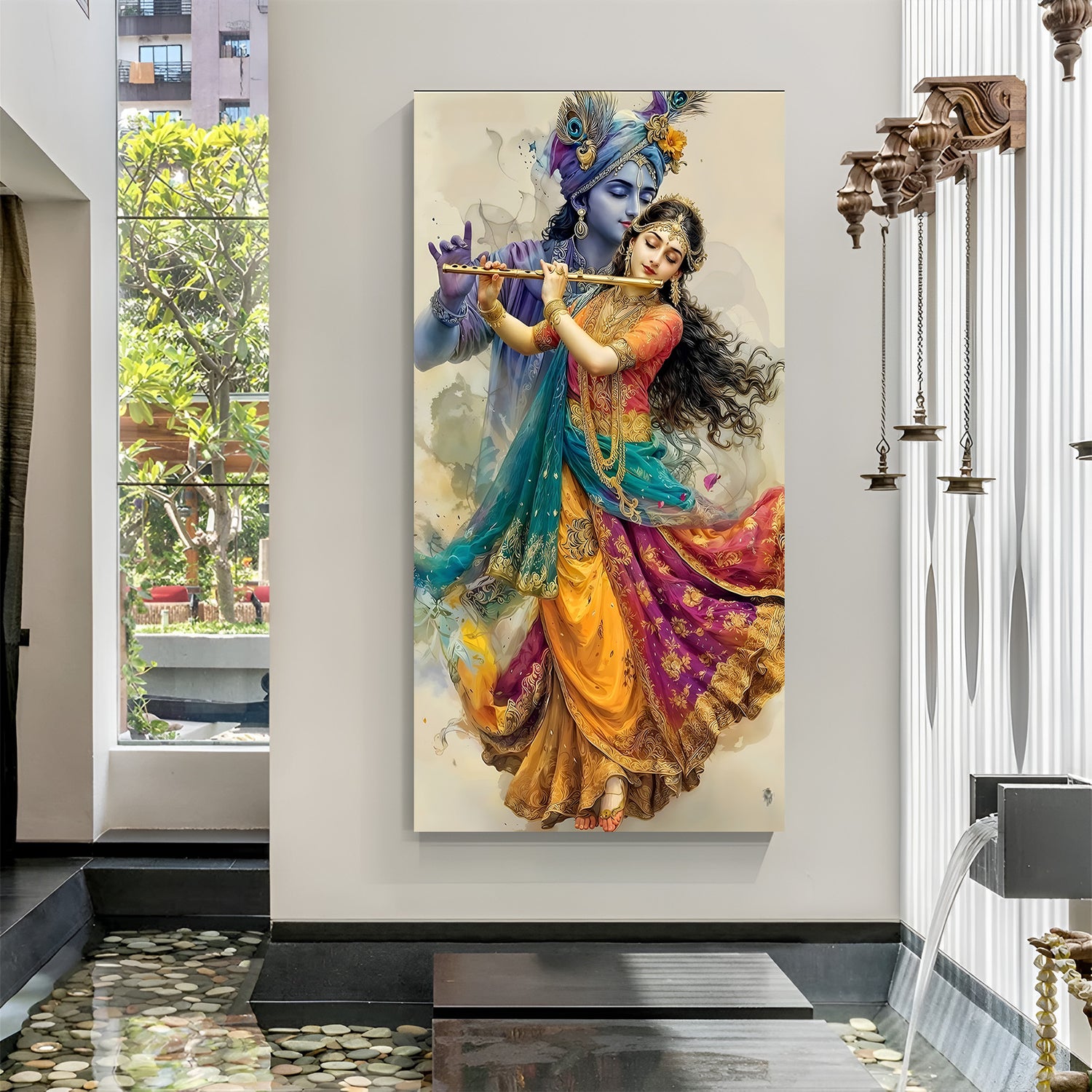 Vertical Radha Krishna canvas wall art featuring Krishna playing flute and Radha dancing gracefully.