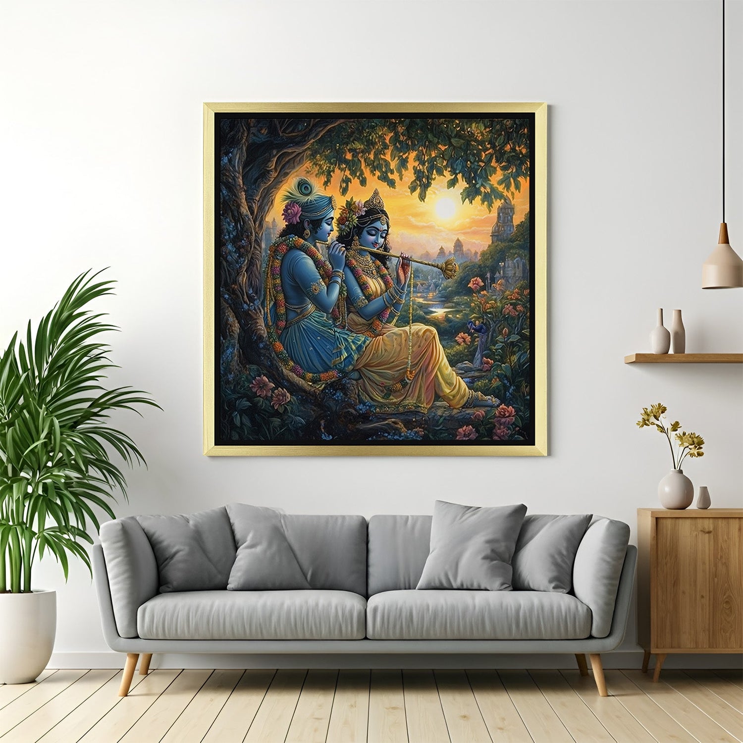 Golden floater frame Radha Krishna Vastu canvas painting representing spiritual energy, divine love, and serenity in sacred home spaces