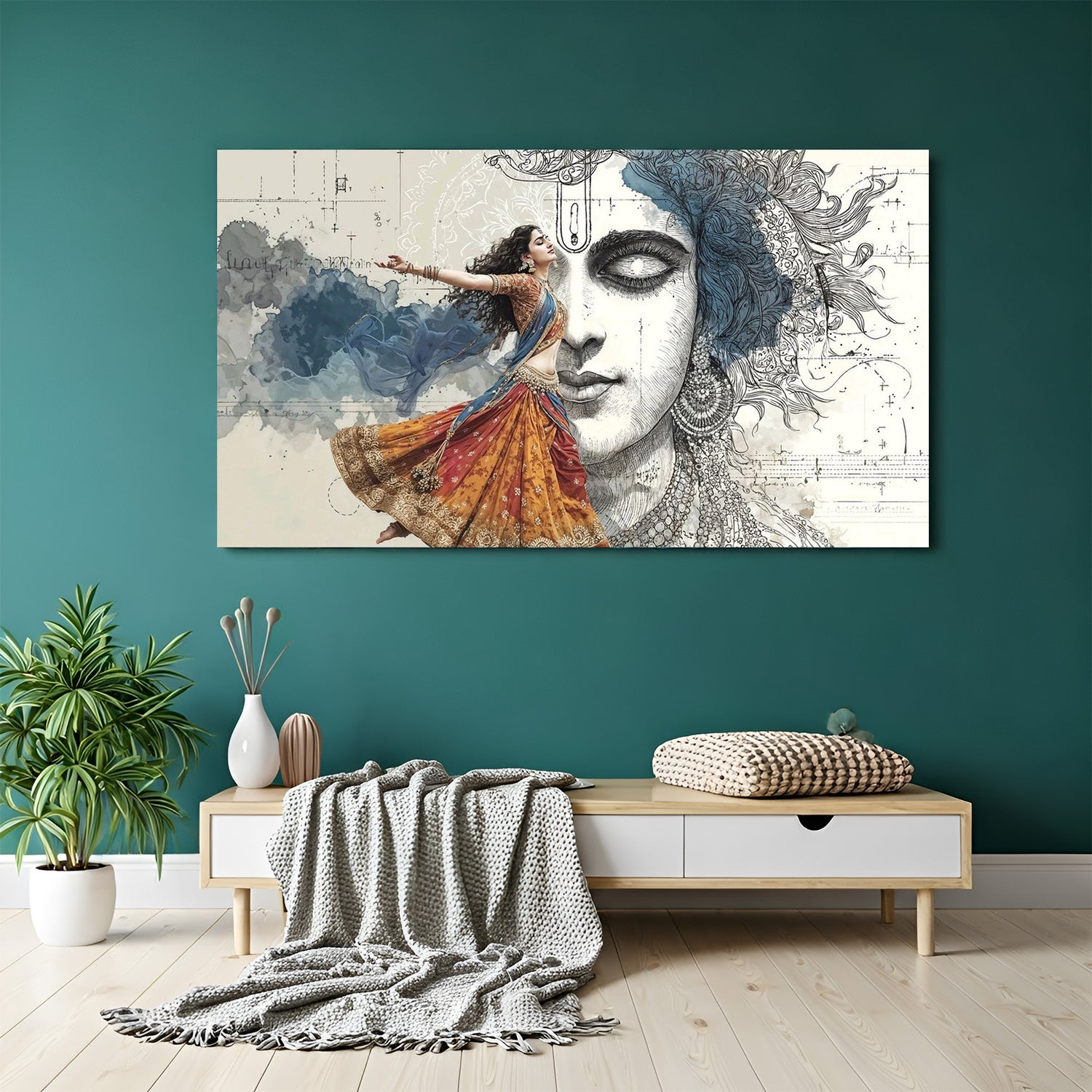 Radha Krishna divine dance canvas wall art symbolizing love devotion and harmony for home decor