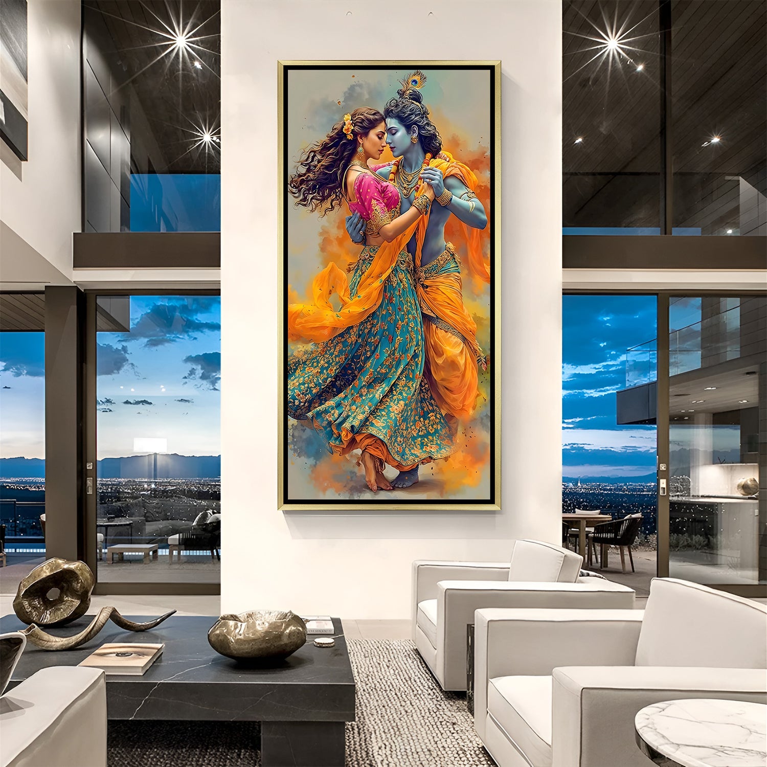 Elegant gold framed Radha Krishna vertical devotional wall art.