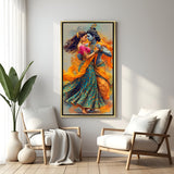 Elegant gold framed Radha Krishna vertical devotional wall art.