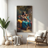 Vertical Radha Krishna wall art showing Krishna playing flute with Radha under a tree in classic painting style.
