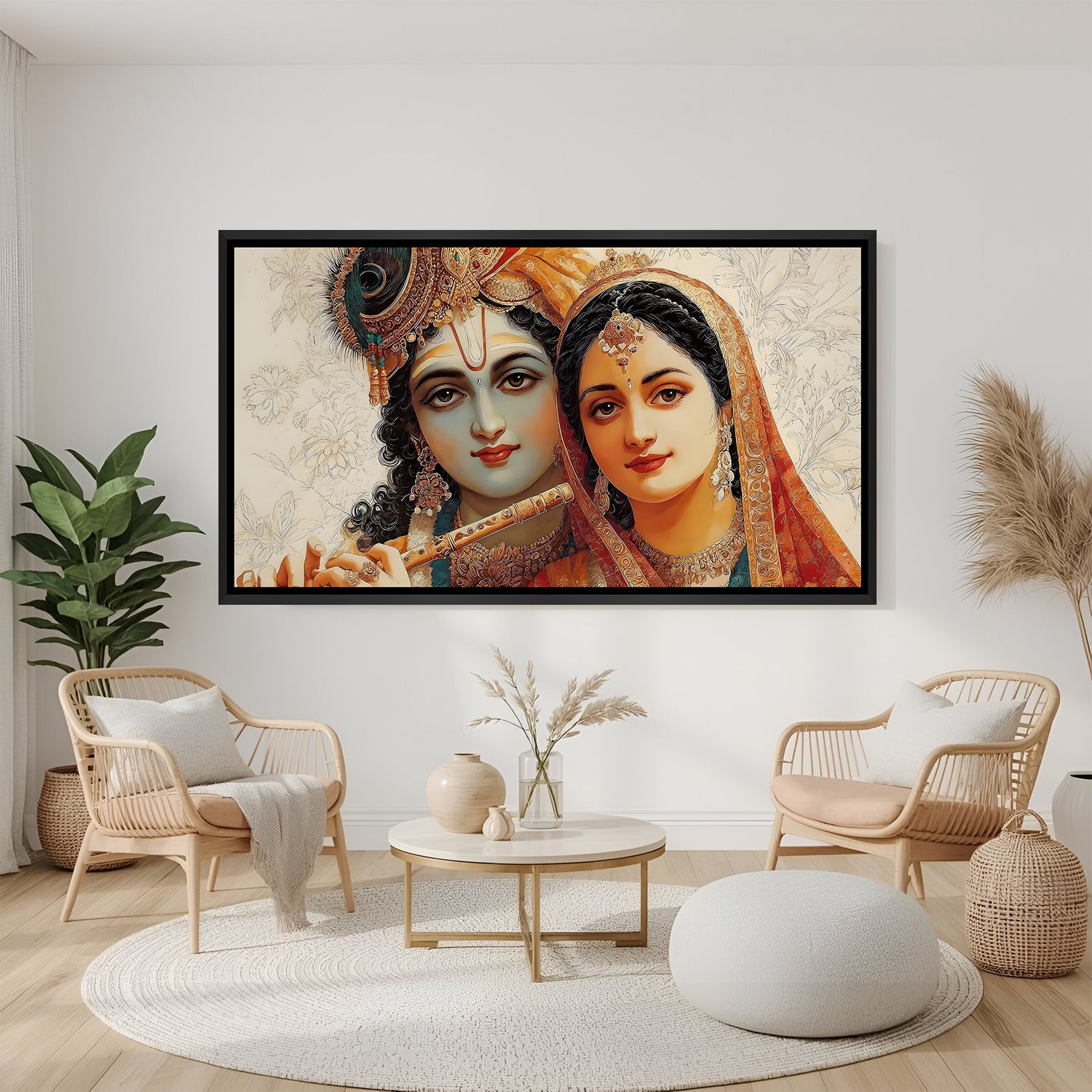 Luxury Radha Krishna panoramic artwork in black frame displayed above modern grey sofa.