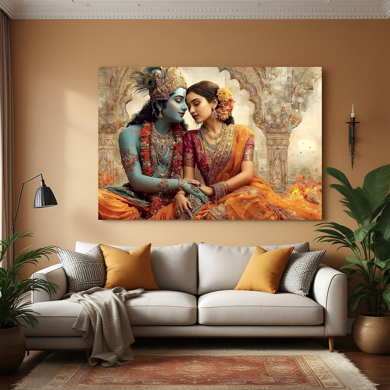 Radha Krishna canvas wall art featuring temple arch background and warm golden tones.