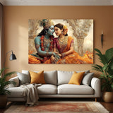 Radha Krishna canvas wall art featuring temple arch background and warm golden tones.