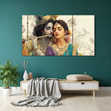 Panoramic Radha Krishna wall art with Krishna playing flute and intricate jewelry details.