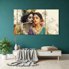 Panoramic Radha Krishna wall art with Krishna playing flute and intricate jewelry details.