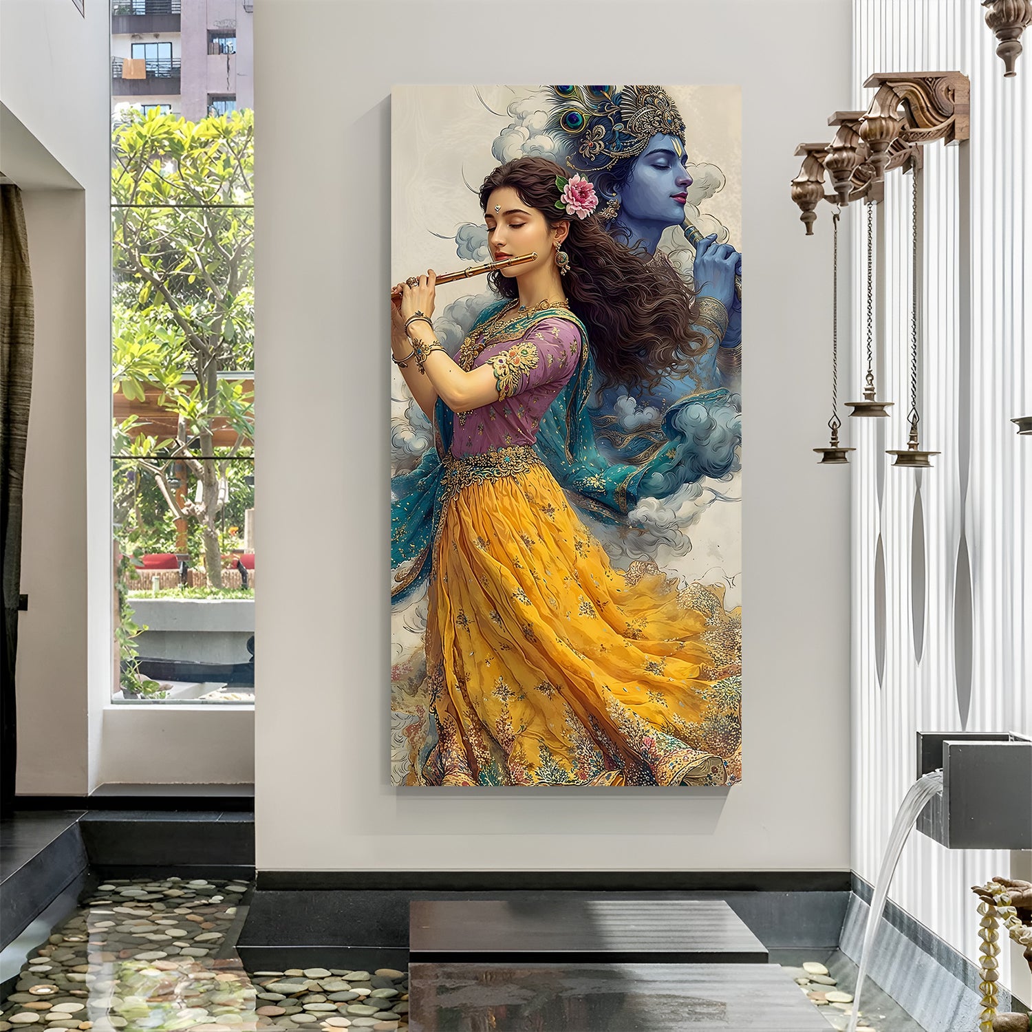 Vertical Radha Krishna wall art featuring Radha playing flute with Lord Krishna in soft blue aura background.
