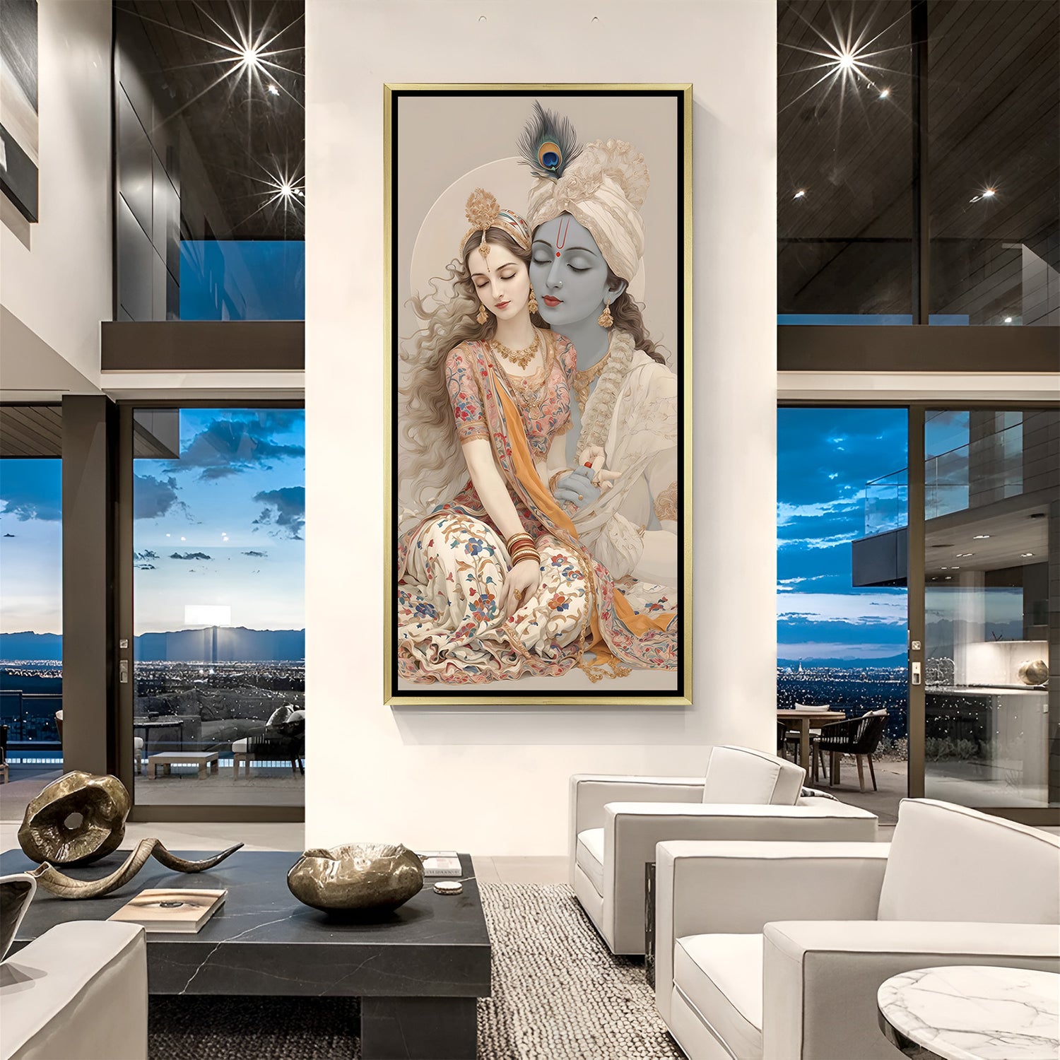 Elegant gold framed Radha Krishna vertical artwork for pooja room décor.