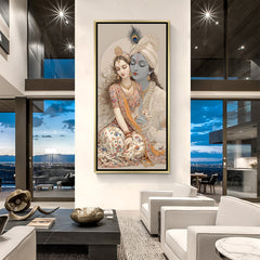 Elegant gold framed Radha Krishna vertical artwork for pooja room décor.
