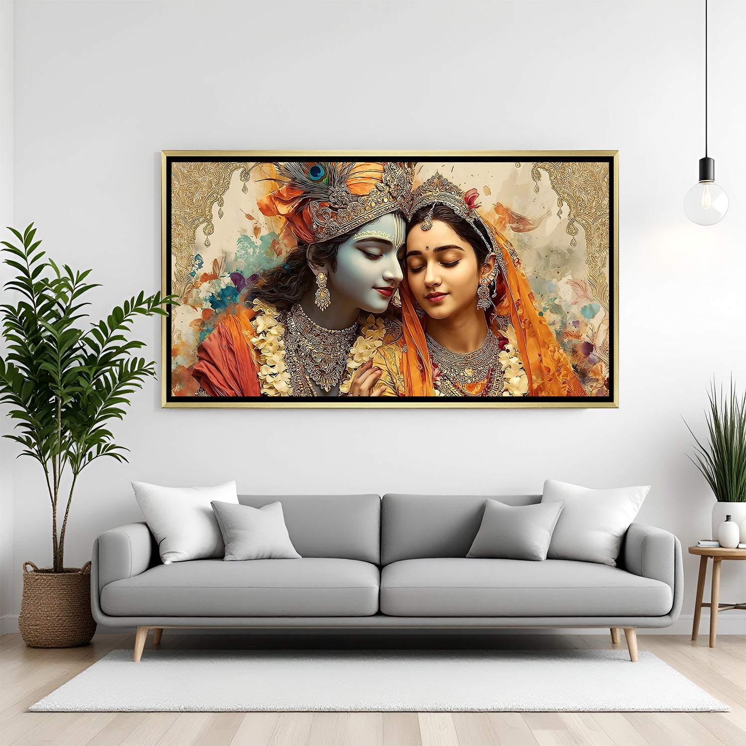 Luxury Radha Krishna wall art in gold frame with warm traditional colors and ornate detailing.