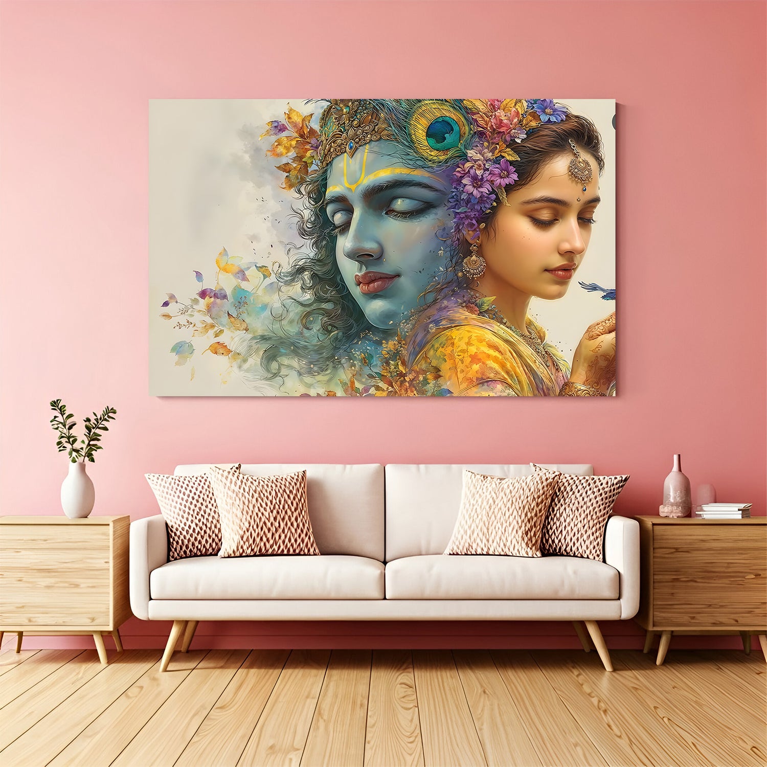 Radha Krishna floral canvas wall art with peacock feather crown and soft pastel background.