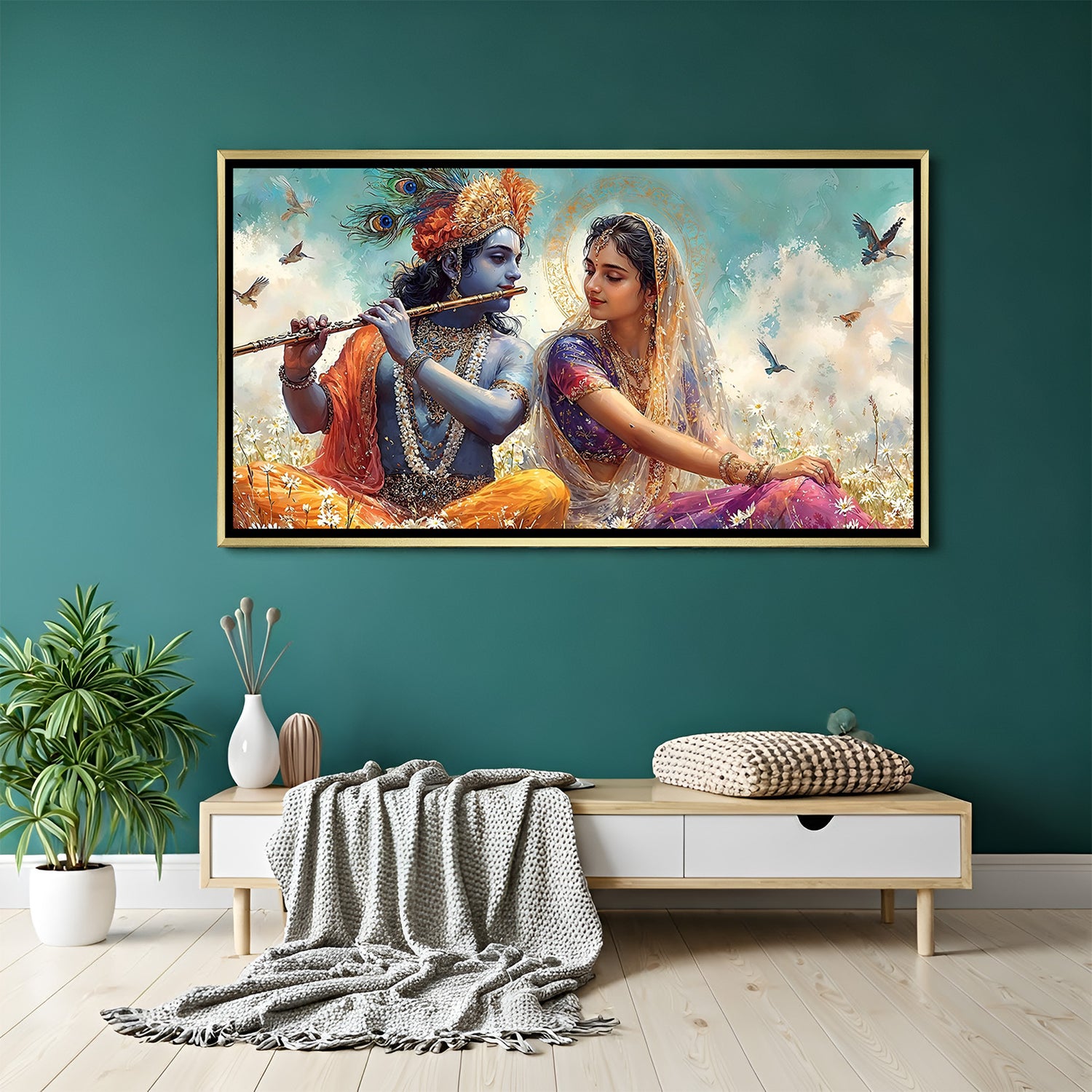 Radha Krishna canvas wall art with golden floater frame
