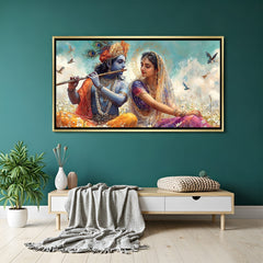 Radha Krishna canvas wall art with golden floater frame