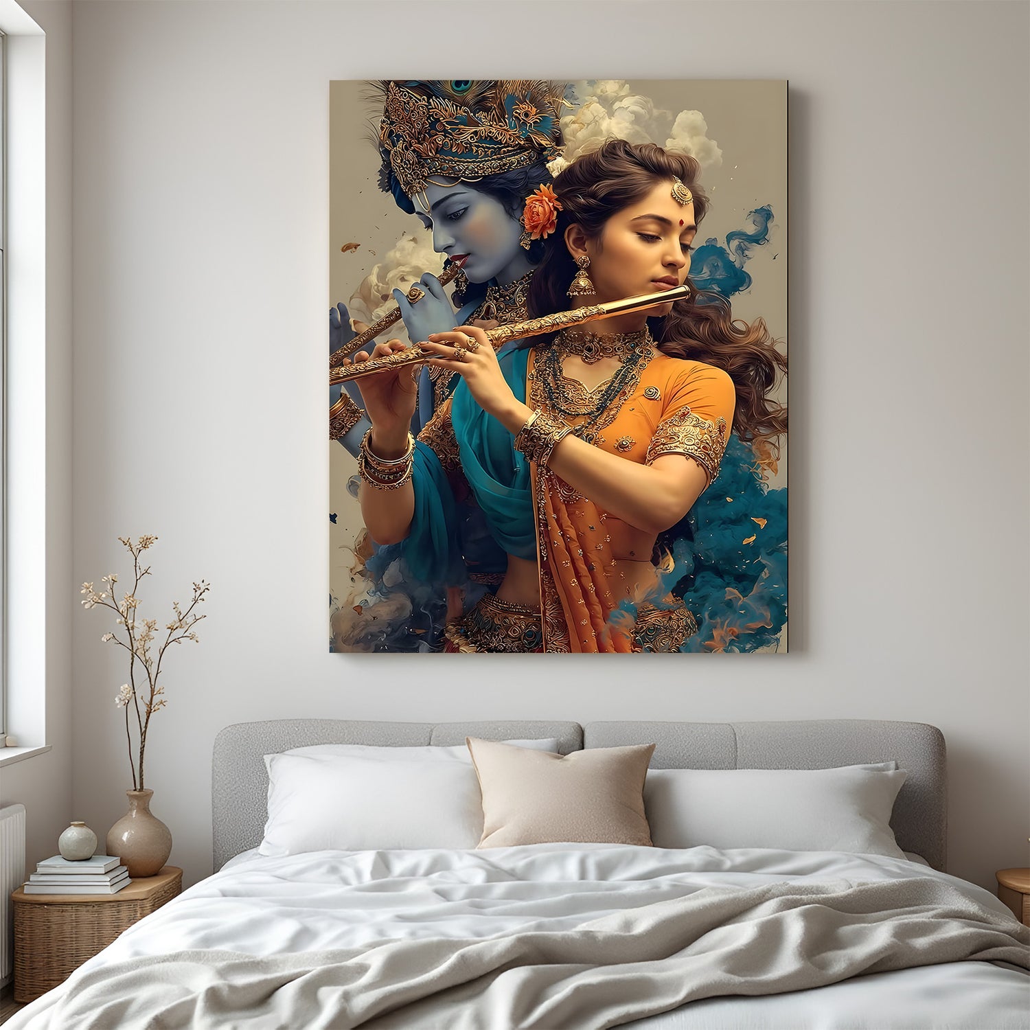 Radha Krishna vertical canvas art featuring flute scene with ornate crown and rich blue and saffron tones.