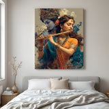 Radha Krishna vertical canvas art featuring flute scene with ornate crown and rich blue and saffron tones.
