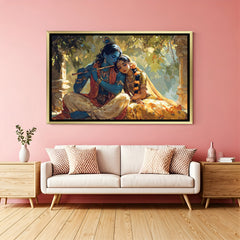 Elegant Radha Krishna wall art in gold frame with warm golden background.