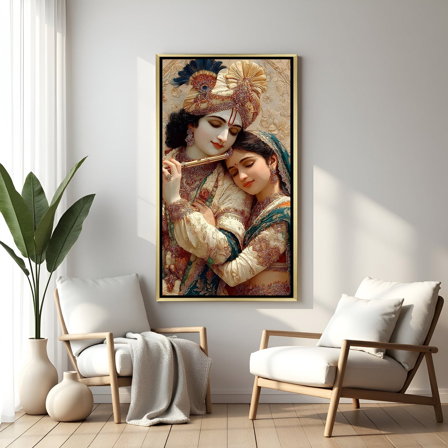 Elegant gold framed Radha Krishna portrait artwork for pooja or entryway.