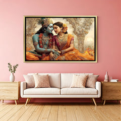 Elegant Radha Krishna wall decor in gold frame with traditional temple backdrop.