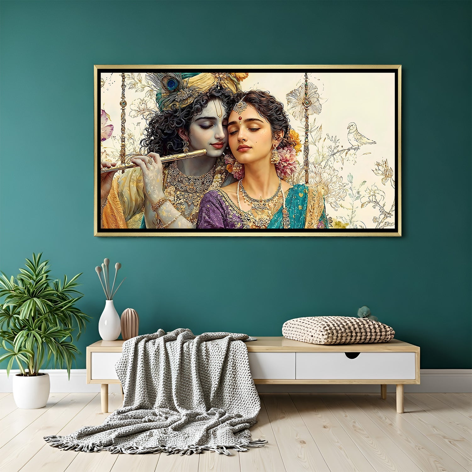 Elegant Radha Krishna wall art in gold frame with soft floral background.