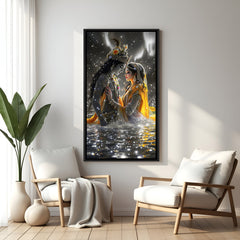 Ornate gold framed Radha Krishna romantic painting – luxurious Hindu couple artwork