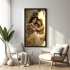 Framed Radha Krishna devotional portrait in black frame displayed in modern interior setting.