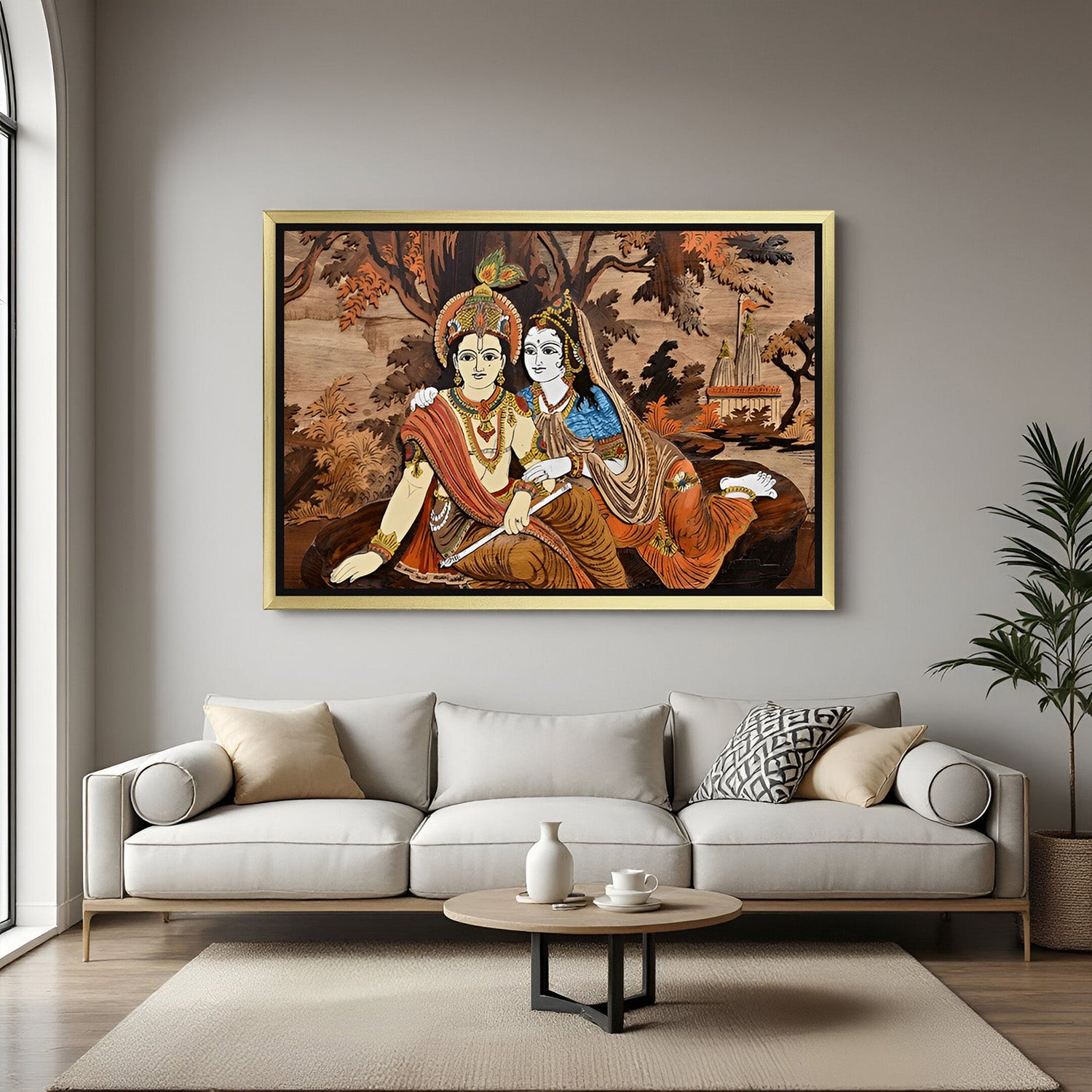 Golden frame Radha Krishna canvas painting – Vastu wall art for peace and love in home decor