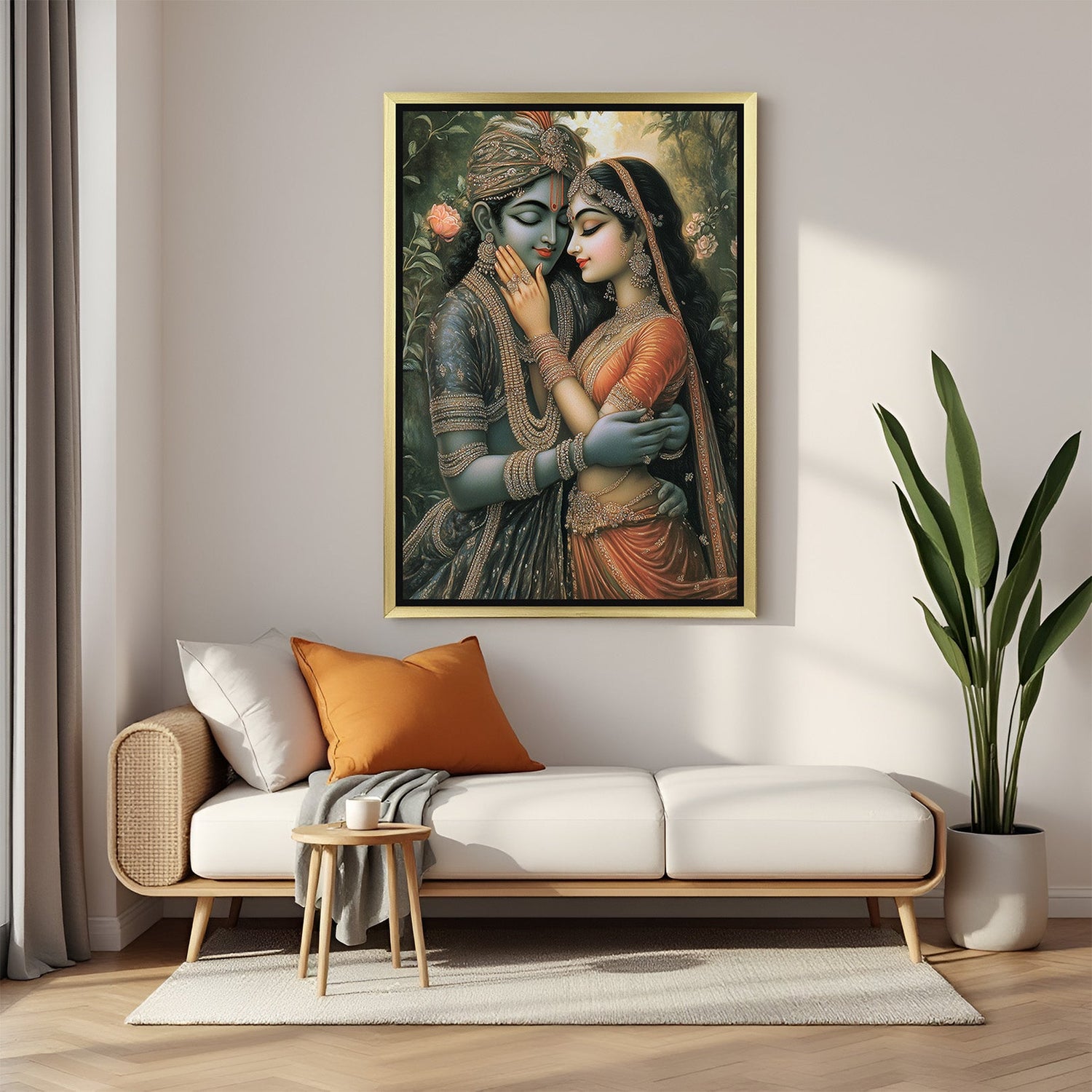 Golden frame Radha Krishna wall art for positive aura and Vastu-aligned spiritual room decoration