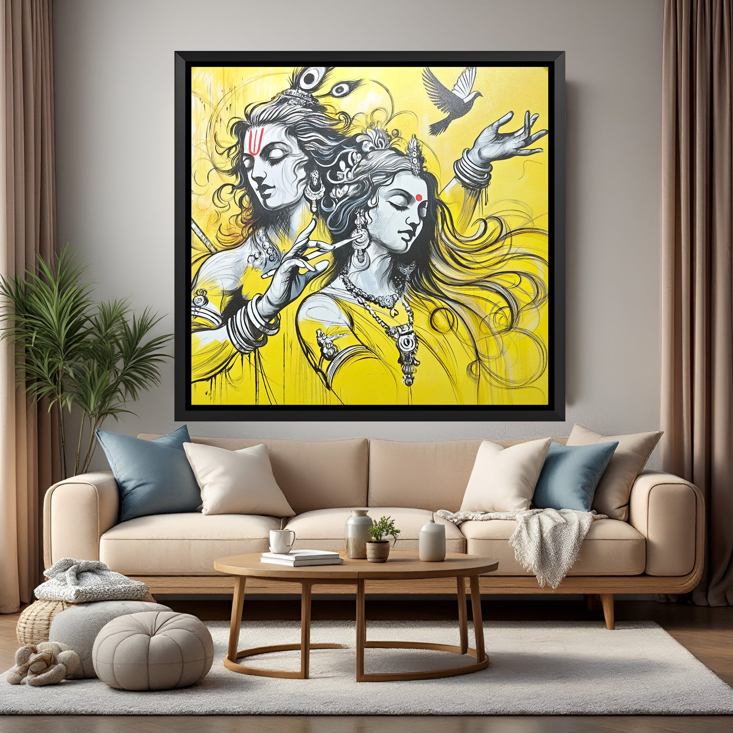 Radha Krishna hand painting in black floater frame – divine love canvas wall art with yellow background