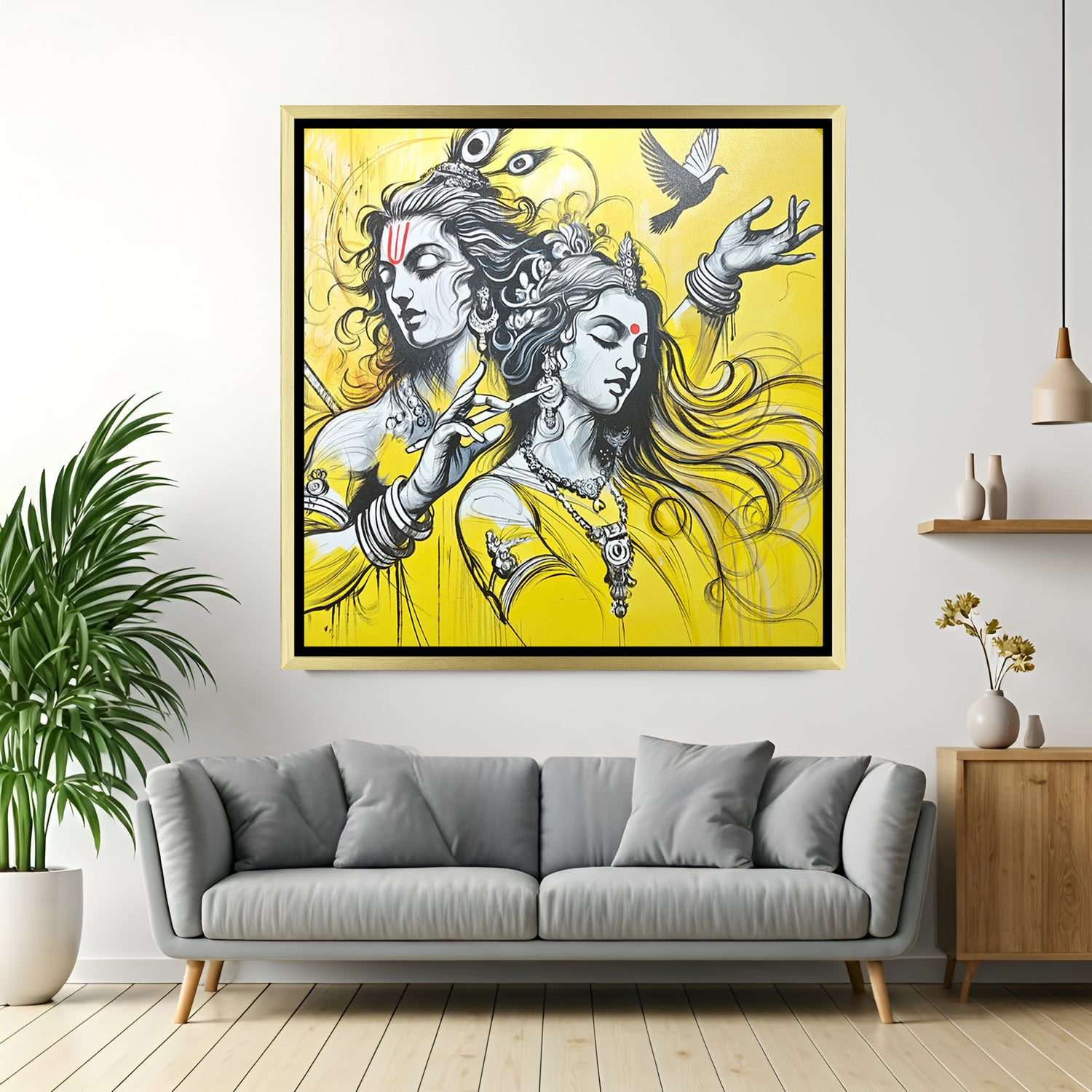 Hand painted Radha Krishna canvas artwork in golden floater frame – spiritual wall art for harmony and love