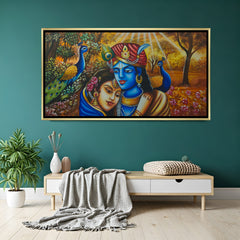 Radha Krishna hand painted canvas in golden floater frame with peacocks – spiritual wall art for home décor