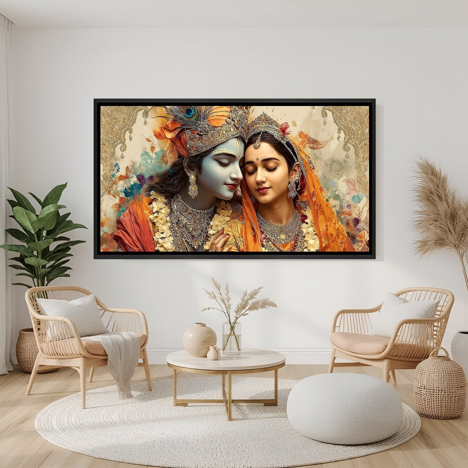 Elegant Radha Krishna devotional panorama in black frame displayed on teal wall.
