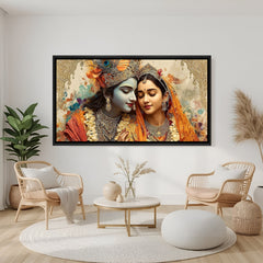 Elegant Radha Krishna devotional panorama in black frame displayed on teal wall.