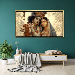 Radha Krishna canvas art with golden floater frame for spiritual home decor