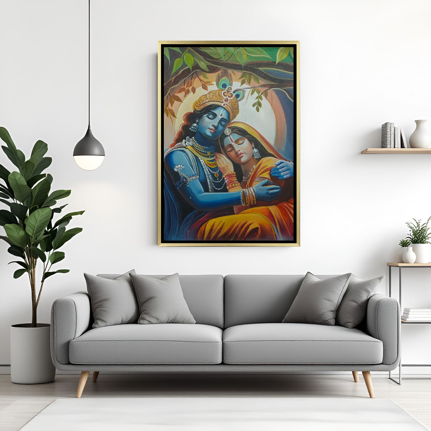 Radha Krishna hand painted canvas artwork in golden floater frame – spiritual Vastu wall art for peace and love