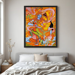 Black floater frame Kerala mural canvas painting of Radha Krishna with intricate Indian art for Vastu-friendly and devotional wall decor