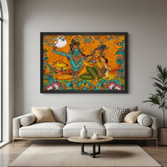 Radha Krishna mural painting in black frame – traditional Kerala style canvas art for pooja room and ethnic home decor