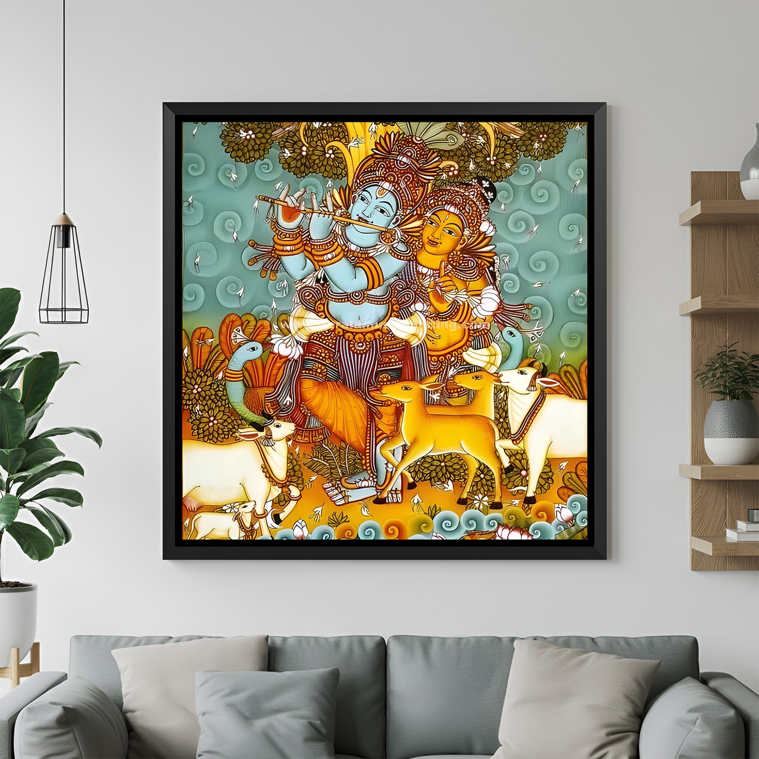 Radha Krishna Kerala mural wall painting in elegant black floater frame for spiritual interiors