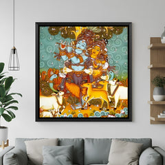 Radha Krishna Kerala mural wall painting in elegant black floater frame for spiritual interiors